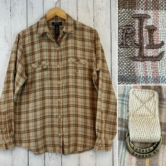 Lauren Ralph Lauren Plaid Linen Roll Up Buckle Sleeve Button-Down Size Medium - Picture 1 of 16